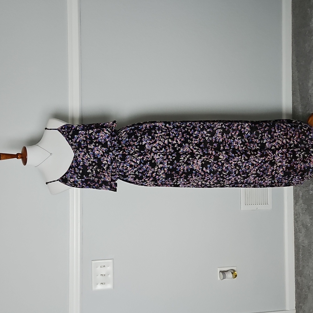 Express Floral Print Chiffon Ruffle Fit & Flare Long Maxi Dress S Black Pink